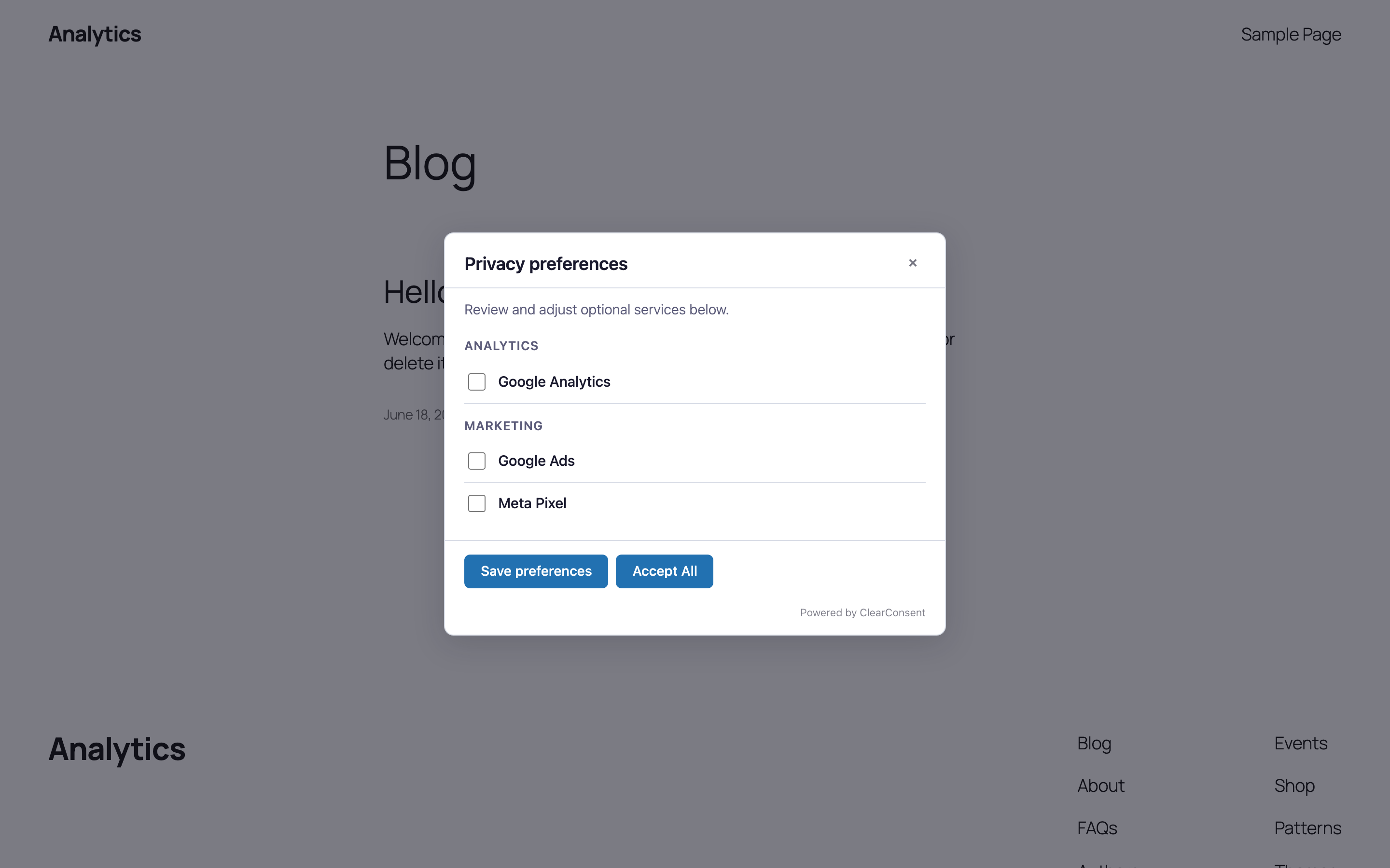 The ClearConsent preferences modal showing services grouped by Analytics and Marketing