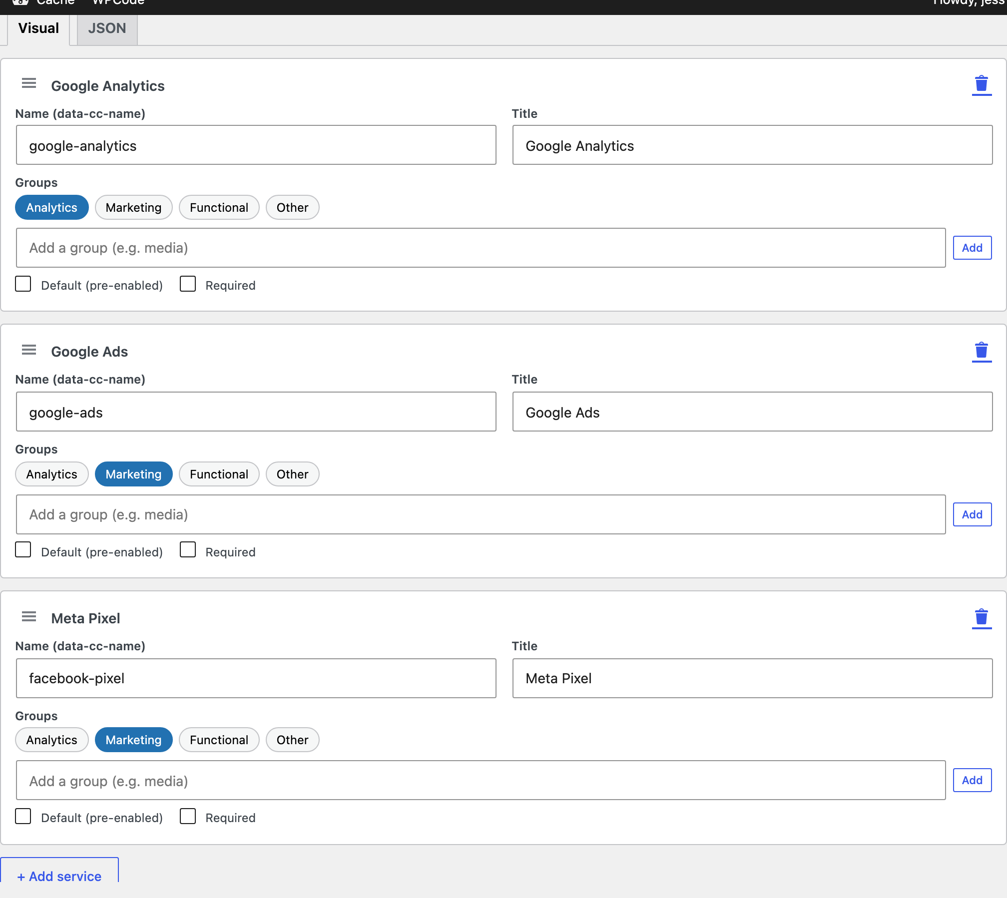 The ClearConsent Services tab listing managed services with their categories