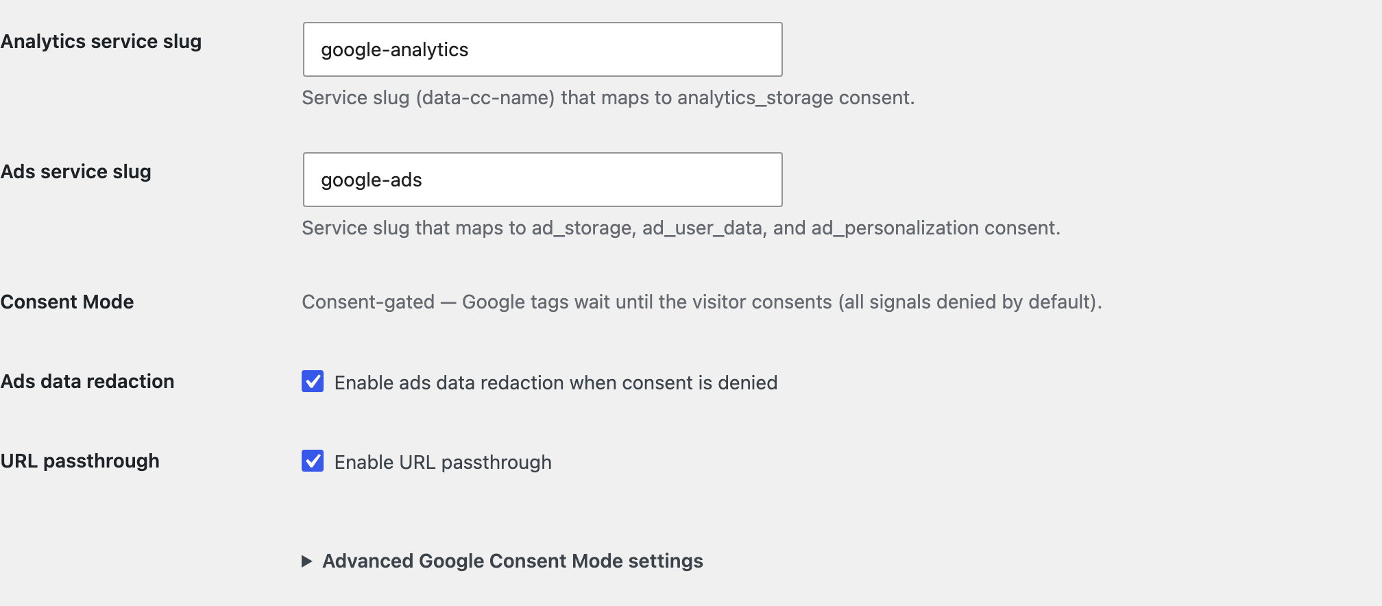 The ClearConsent Google Consent Mode settings