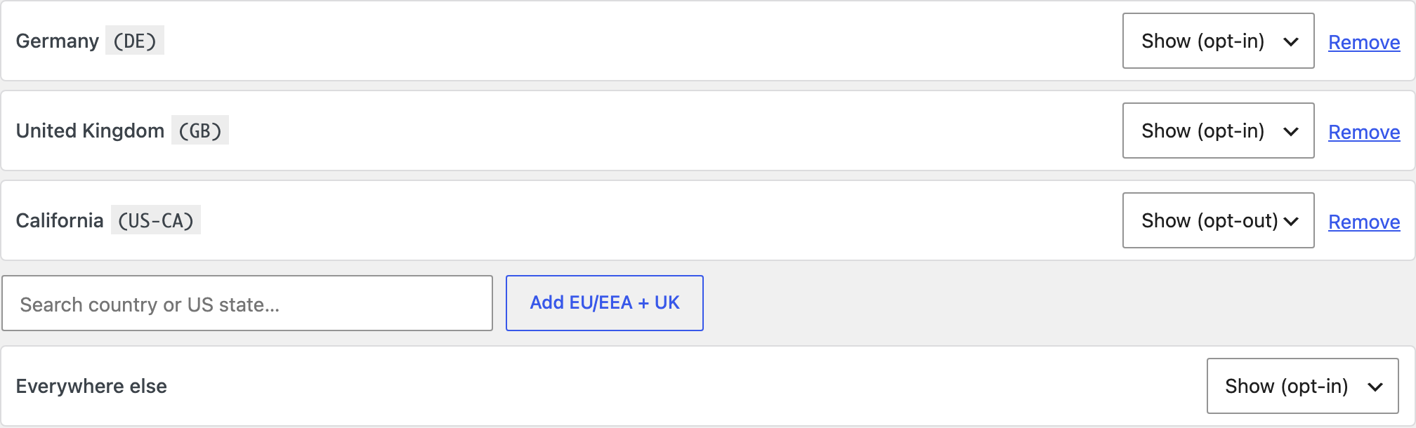 The ClearConsent Geo-targeting editor with region rules