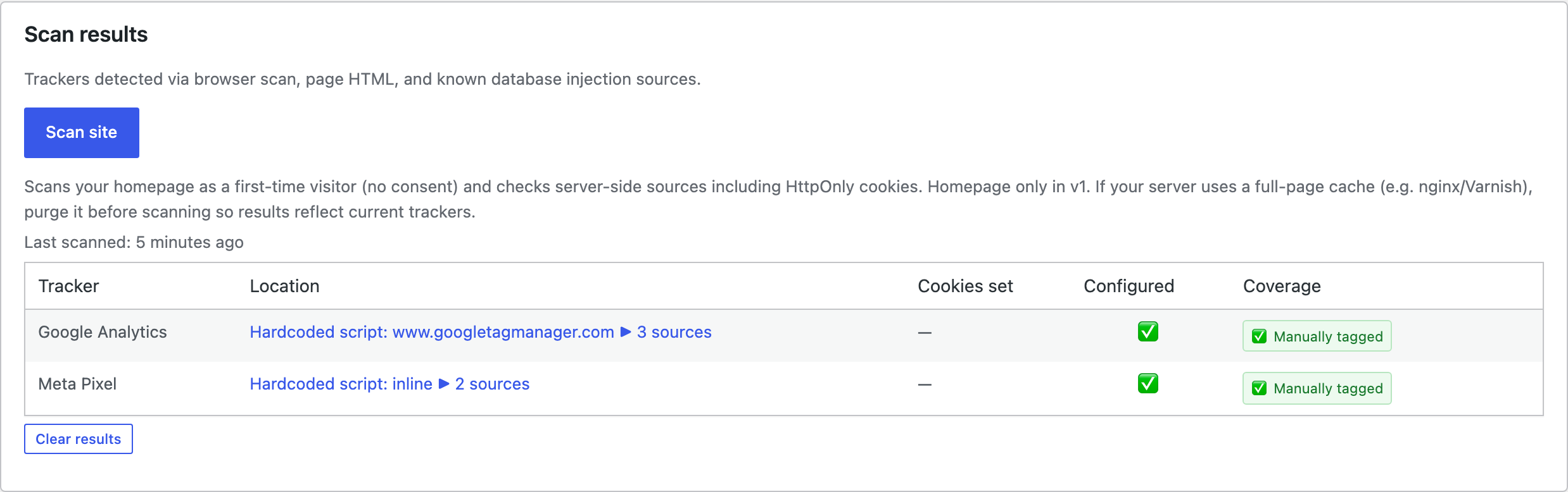ClearConsent scan results listing detected trackers with their configuration status