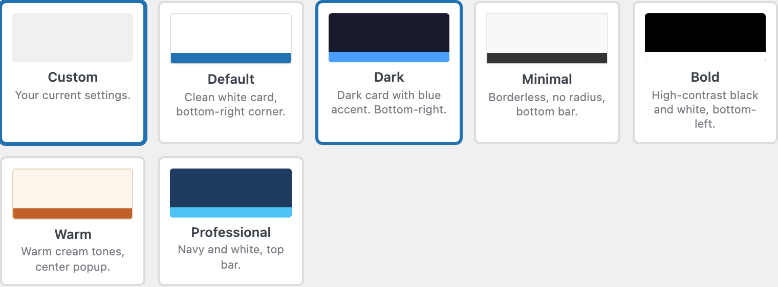 The ClearConsent appearance settings with banner templates